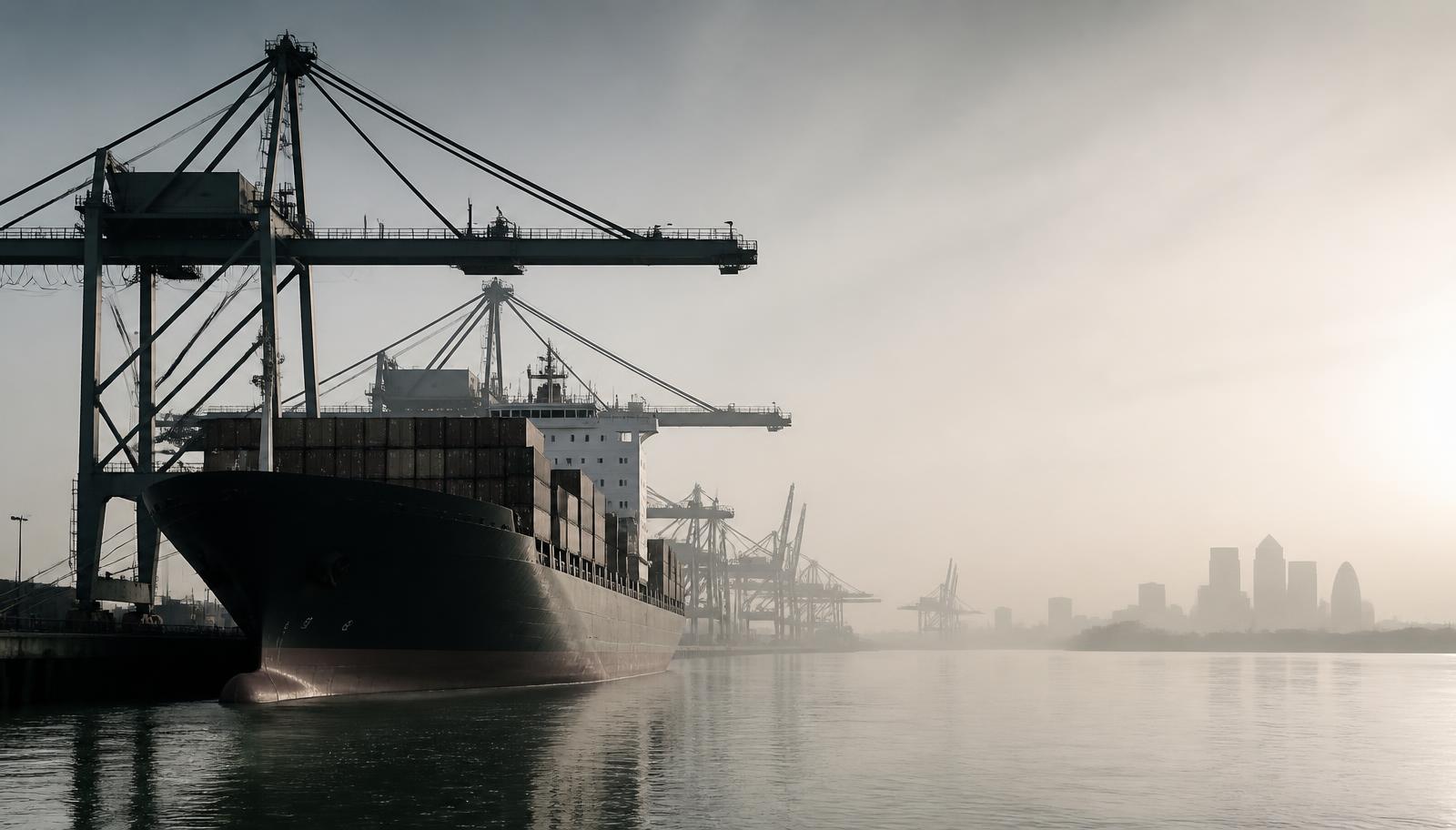 Container vessel berthed at a London deep-water terminal at dawn